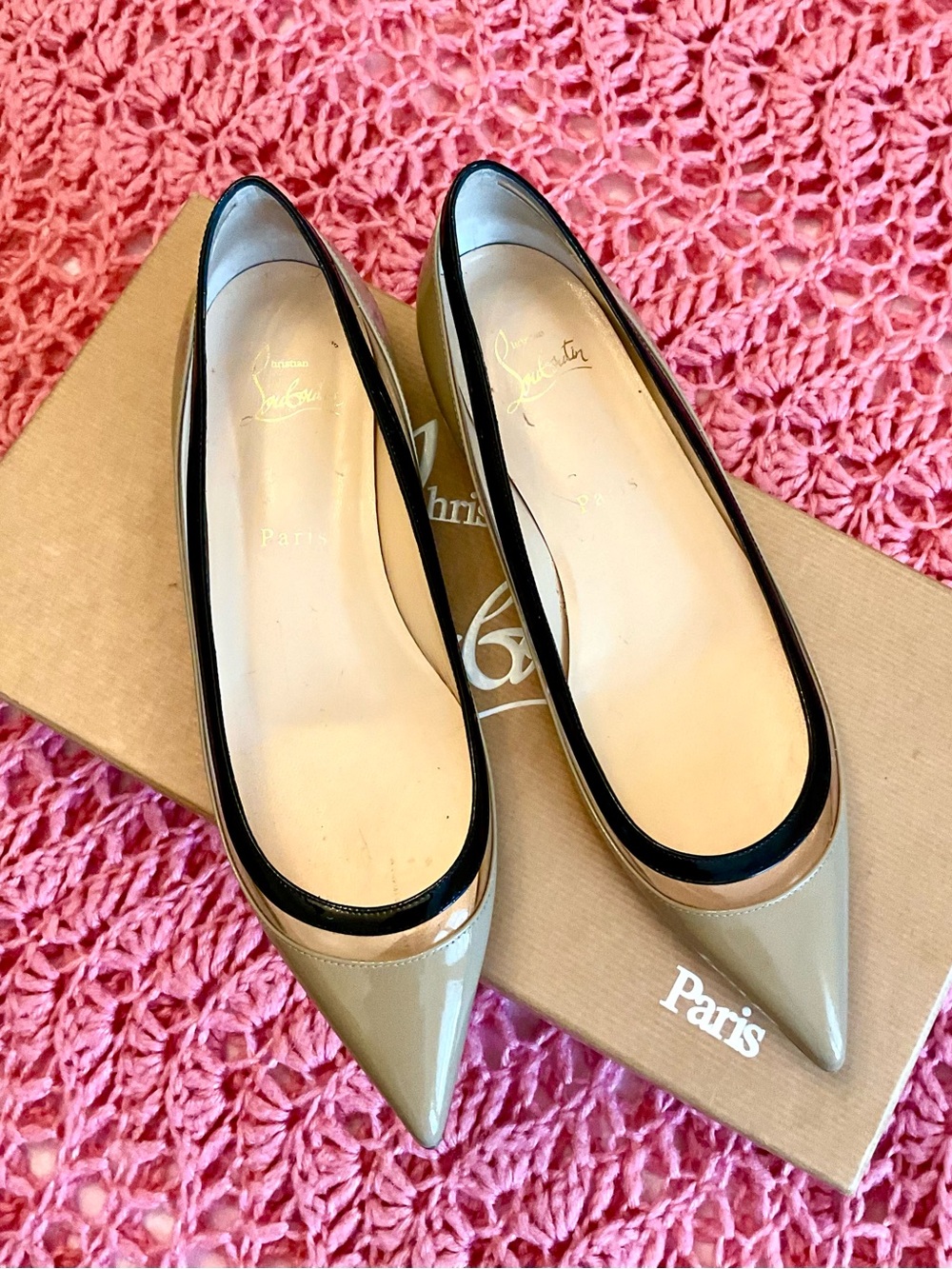 Christian Louboutin Beige Patent Pointed-Toe Flats with Black Trim
